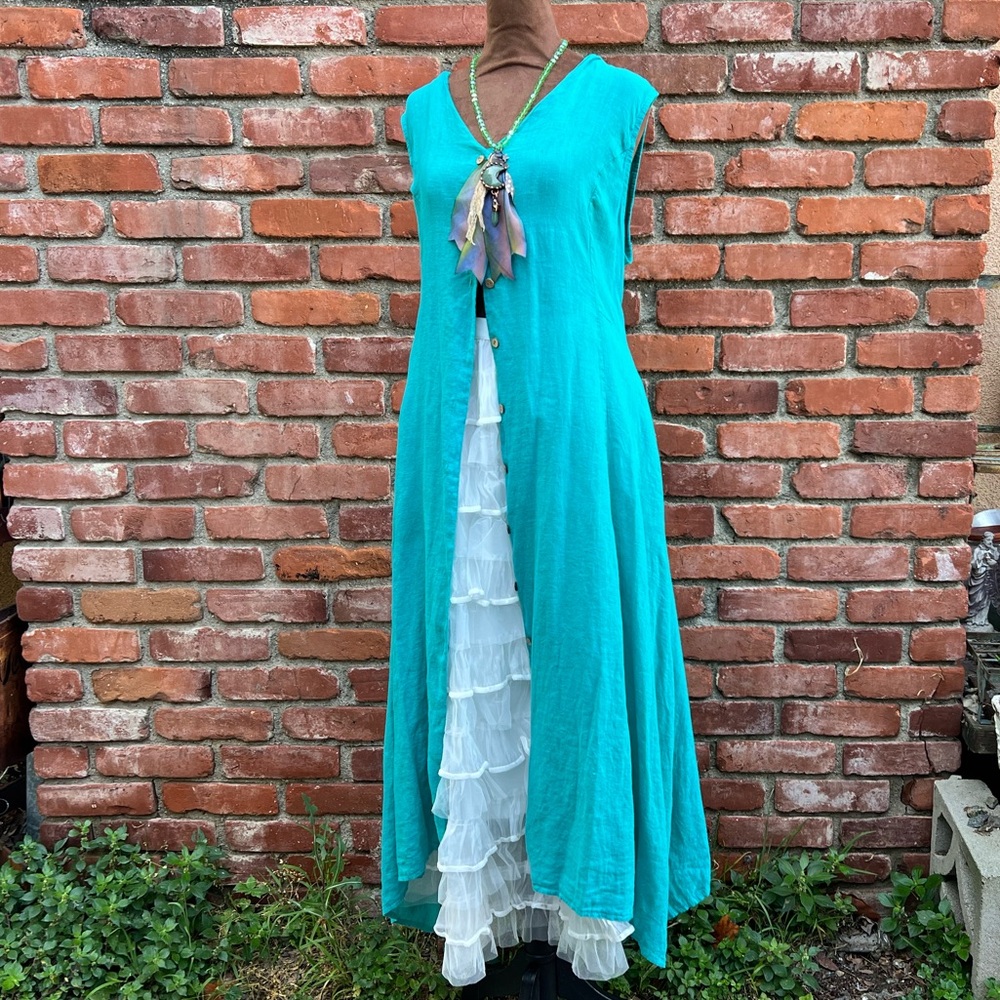 Belle Amore Linen Sleeveless Button Front Dress Vest Duster With Pockets